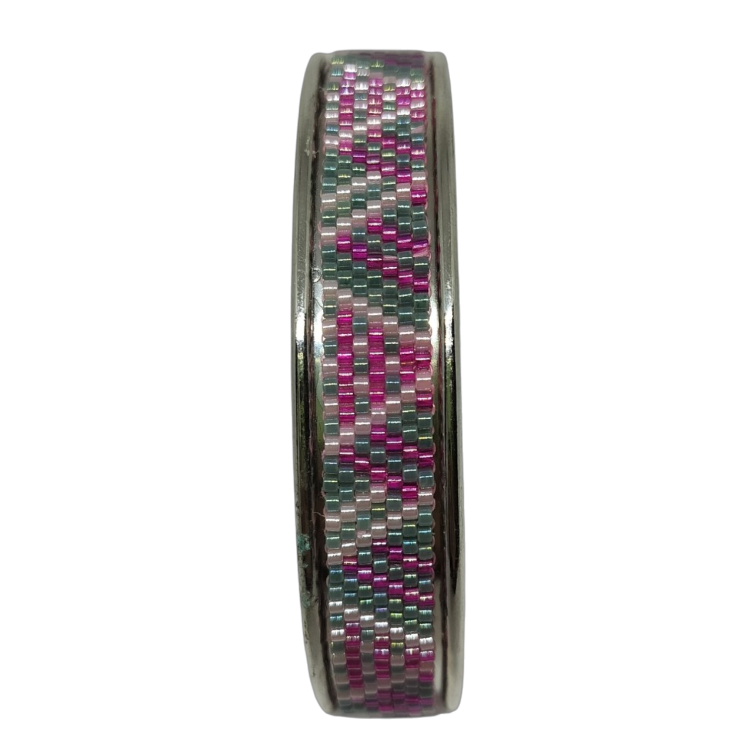 Cuff armband met luxe roze/grijs geruit kralenwerk