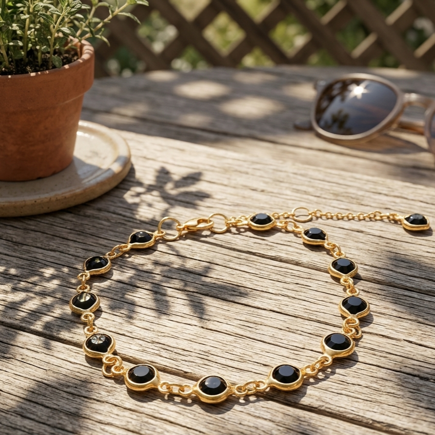 Armband goudkleurig met zwart steentje
