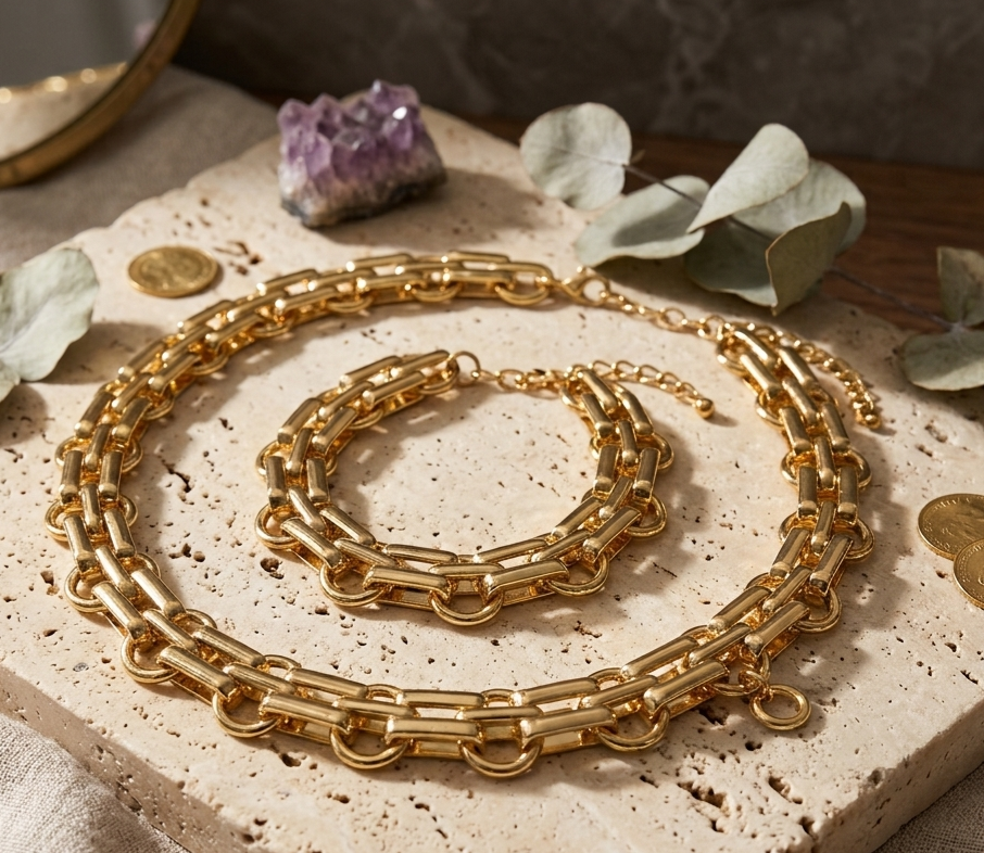 Sieradenset goudkleurige schakelketting incl. armband